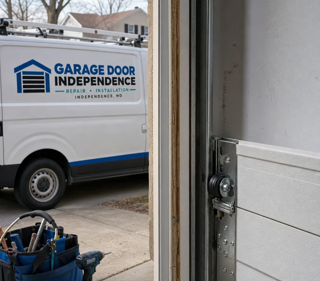 Residential sectional garage door partially open with visible rollers seated in the vertical track