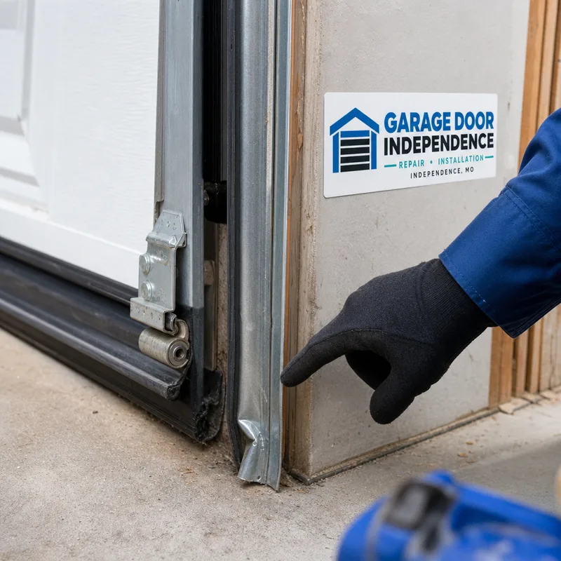Bent vertical garage door track with a visible crease near the bottom and the door edge nearby