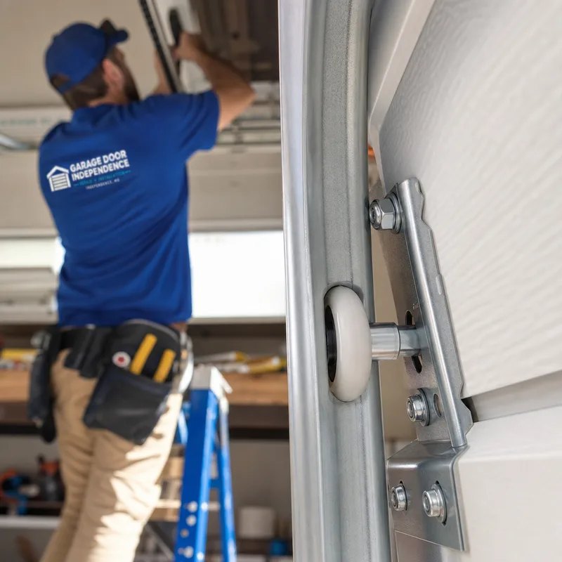 Garage door roller seated correctly inside a clean straight track with hinge and fasteners visible