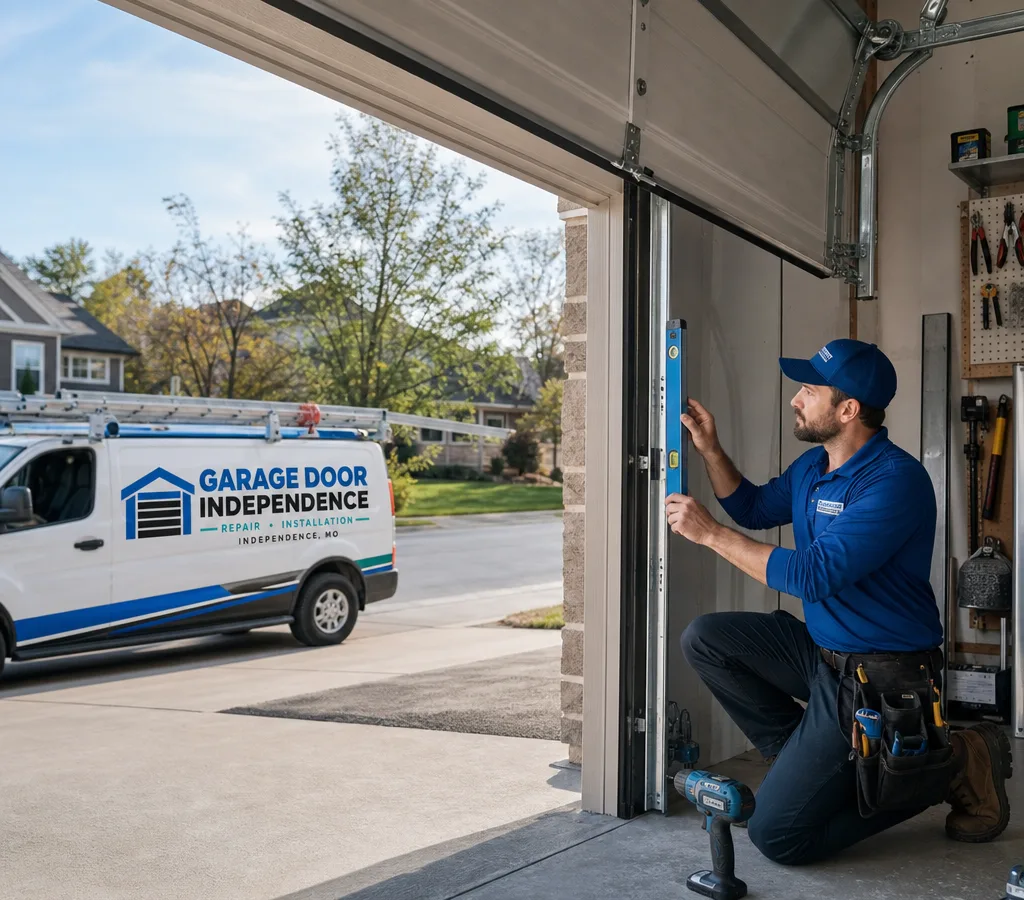 Residential sectional garage door with a contractor inspecting the tracks and rollers for alignment