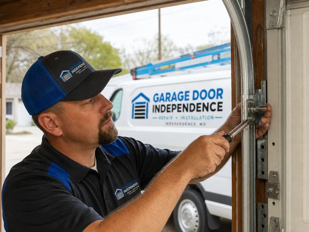 Contractor adjusting a garage door track bracket beside visible rollers and track
