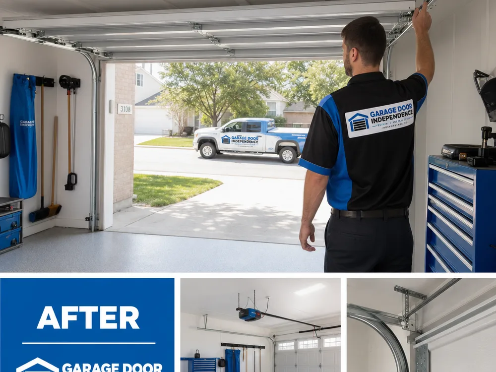 Garage interior with aligned horizontal tracks, proper supports, and the sectional door open and level