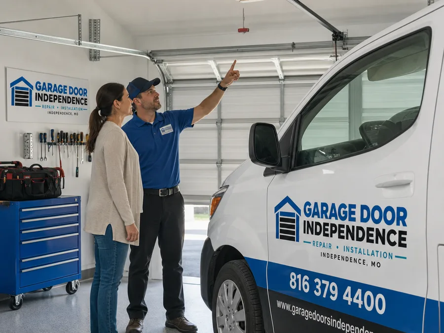 Contractor explaining garage door opener diagnostics to a homeowner inside a residential garage